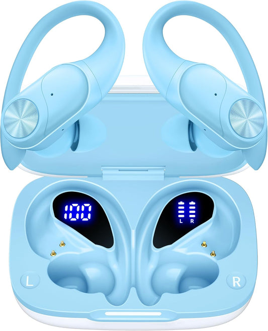 PocBuds Bluetooth Headphones Wireless Earbuds 80hrs Playtime Wireless Charging Case Digital Display Sports Ear Buds with Earhook Deep Bass IPX7 Waterproof Over-Ear Earphones for TV Phone Laptop Blue
