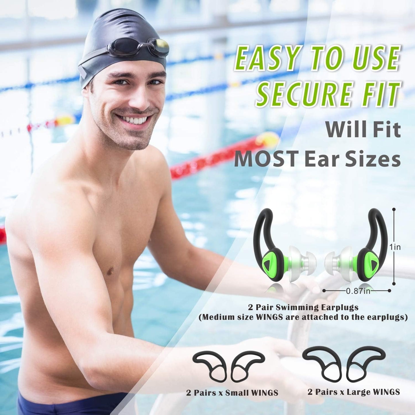 Hearprotek [2 Pairs] Ear Plugs for Swimming,Swim Ear Plugs Adults-Waterproof Silicone Water earplugs for Men Women Juniors Swimmers Pool Shower Bathing (Green)