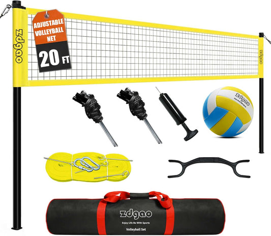 Outdoor Portable Volleyball Net System - Adjustable Height Poles with Soft Volleyball Ball, Pump, Hammer, Boundary Line, and Carry Bag for Backyard, Beach, Lawn