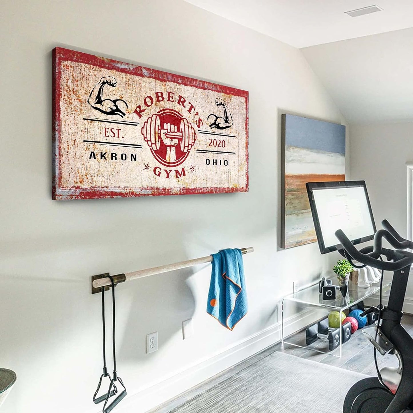 Tailored Canvases Personalized Gym Sign Wall Art Decor - Motivational Canvas for Home Gym, Workout Room, Garage, Fitness Center - Workout Inspirational Posters - One Hand Dumbbell on Rustic Red, 20x10in