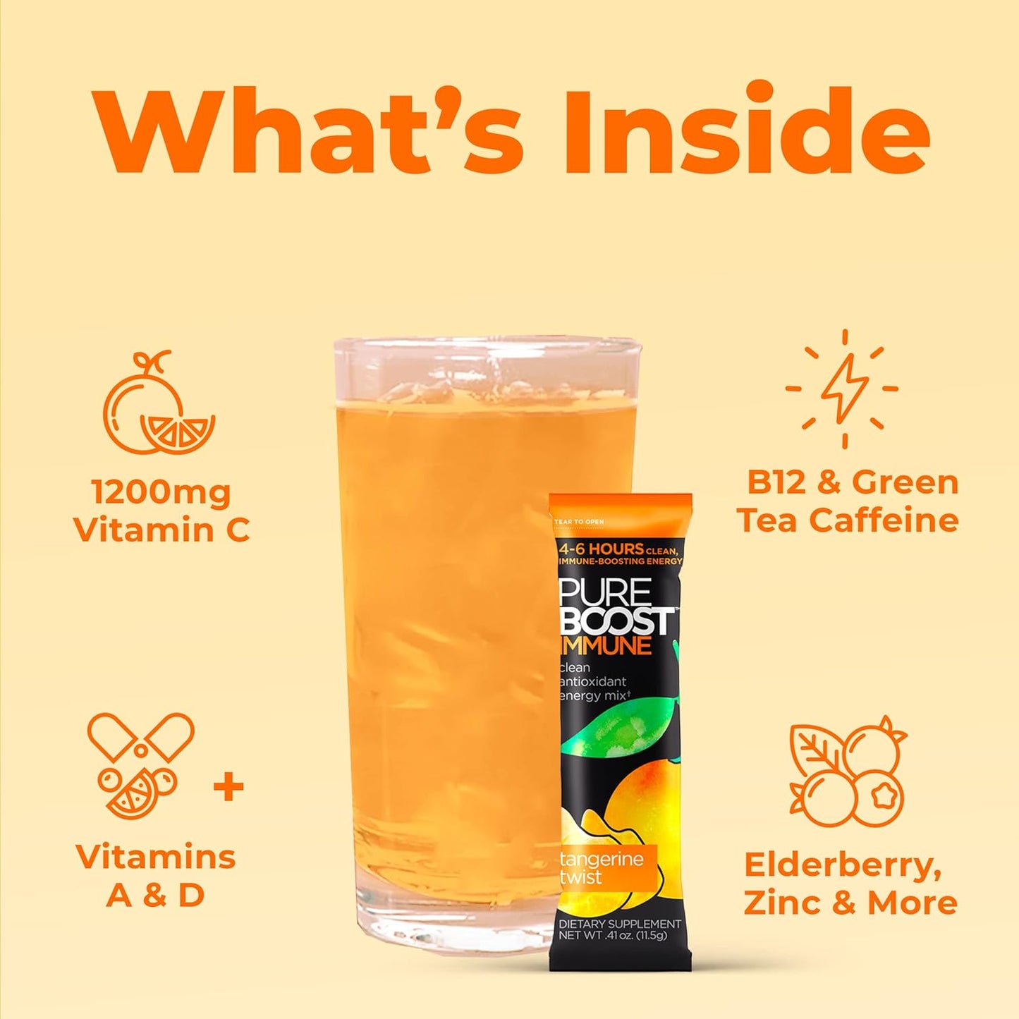 Pureboost Immune Clean Energy Booster, Refreshing Energy Drink Mix and Immunity Supplement with Elderberry, 1,200 mg Vitamin C, Vitamins A + D, and Zinc. (Tangerine Twist, 30 Count)