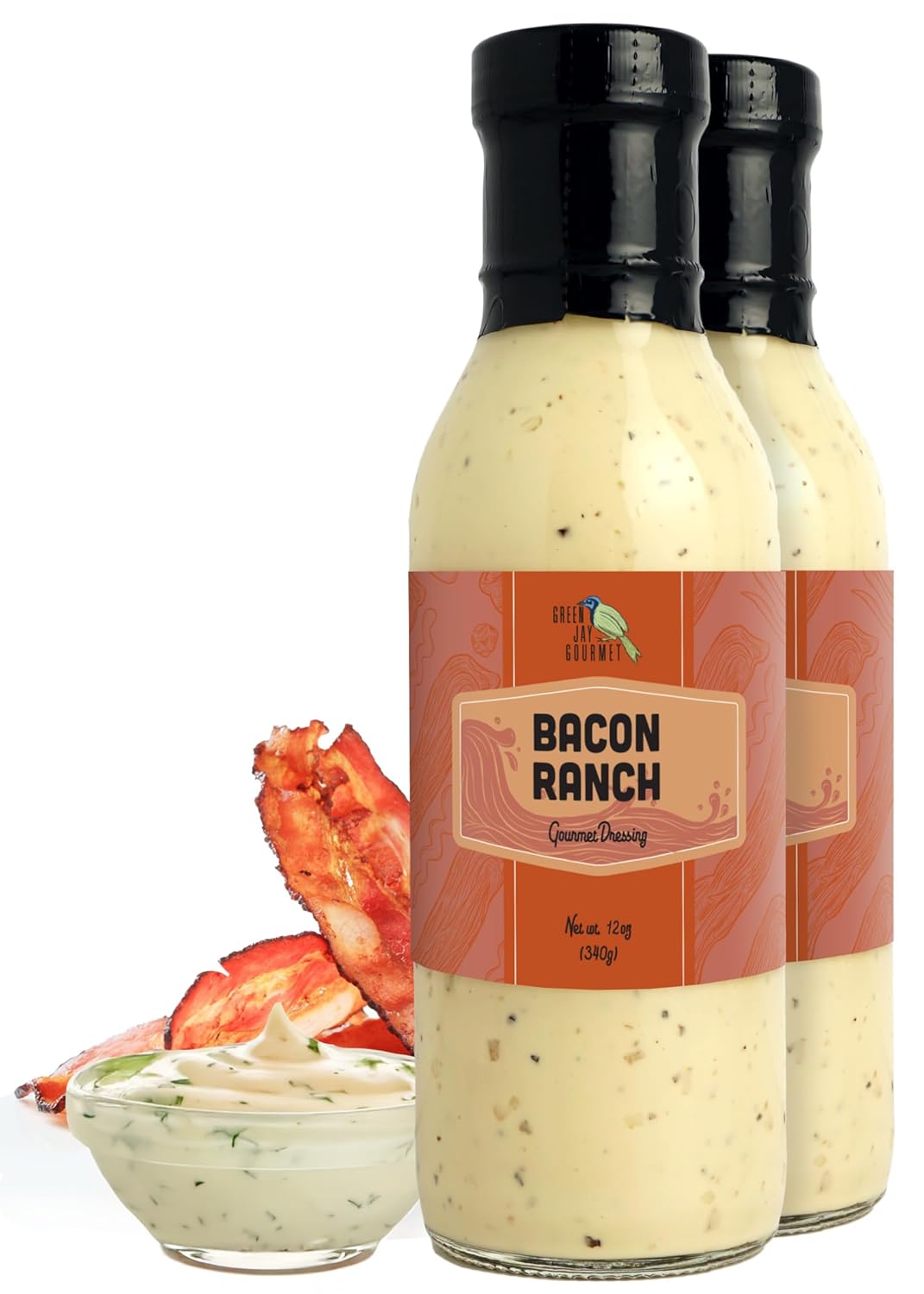 Green Jay Gourmet Bacon Ranch Salad Dressing – Savory, Smoky & Creamy – Handcrafted in USA – Perfect for Salads, Dips, Wraps & More – 2 x 12 Ounces