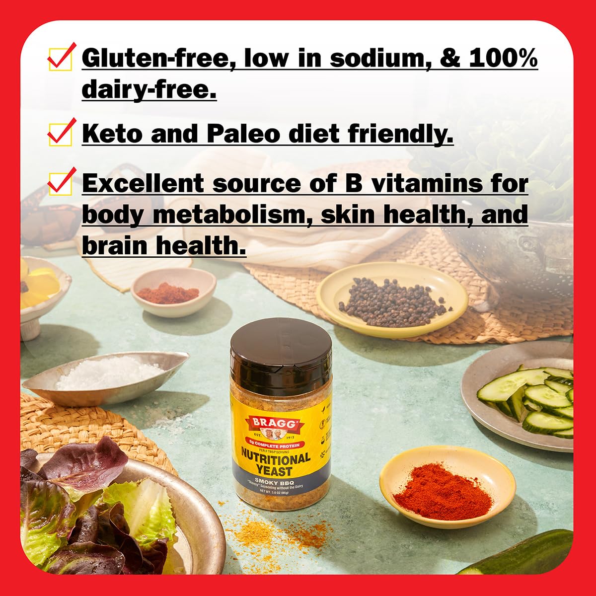 Bragg Nutritional Yeast Smoky BBQ Seasoning - 3 oz - Dairy-Free Parmesan Cheese Substitute - Perfect for Salads, Pastas, Popcorn, and More