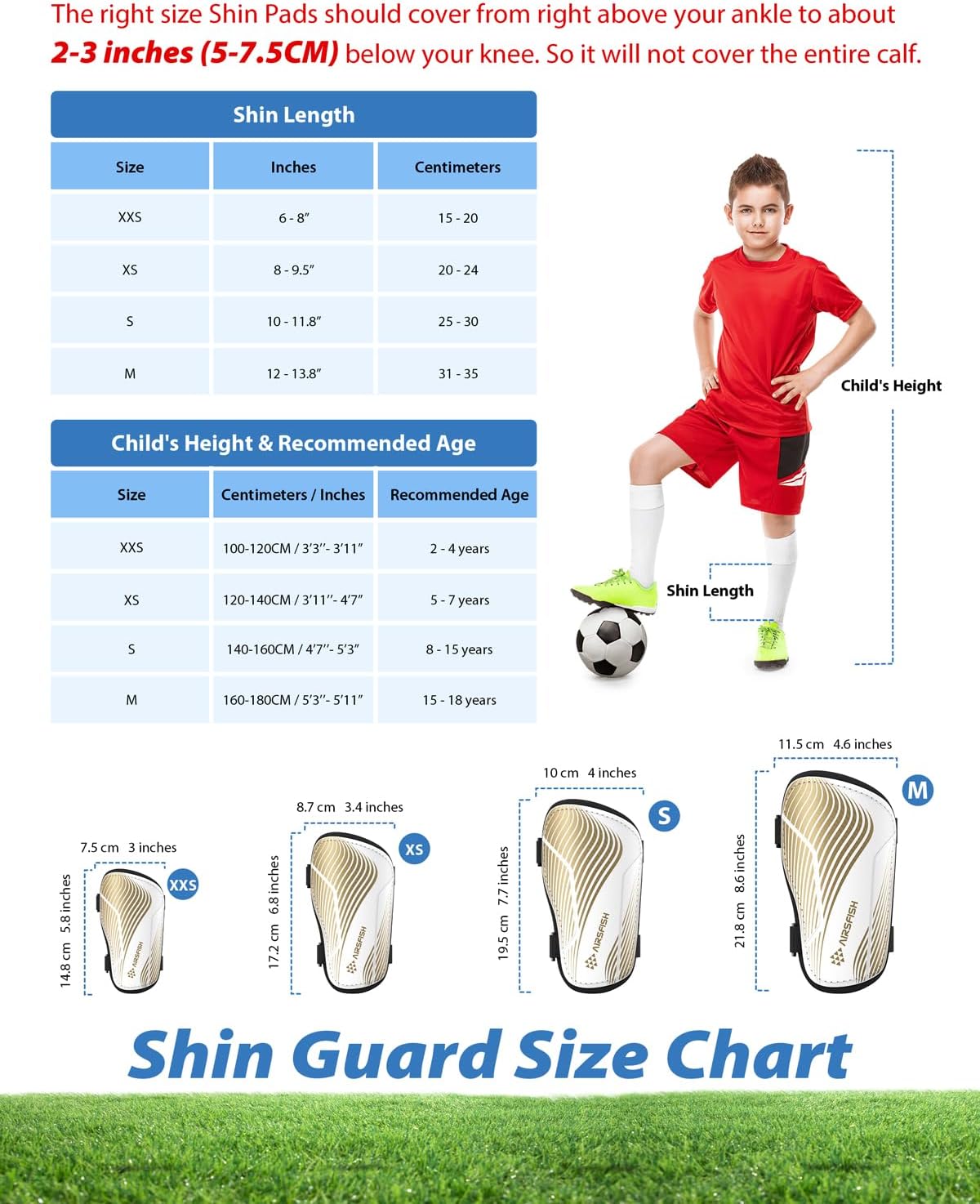 Shin Guards Soccer Kids Youth, CE Certified Airsfish Shin Guard Protection Gear for 2-18 Years Old Boys Girls Teenagers High Impact Resistant Breathable Comfortable 1 Pair 4 Sizes