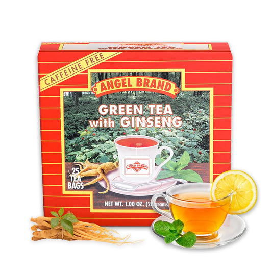 Angel Brand Green Tea with Ginseng Tea Bags 25 – Energizing & Rich Herbal Blend Created From Camellia Sinensis Plant Leaves & Ginseng Root - Enjoy Balanced Flavor & Rich Nutrients With Health Benefits