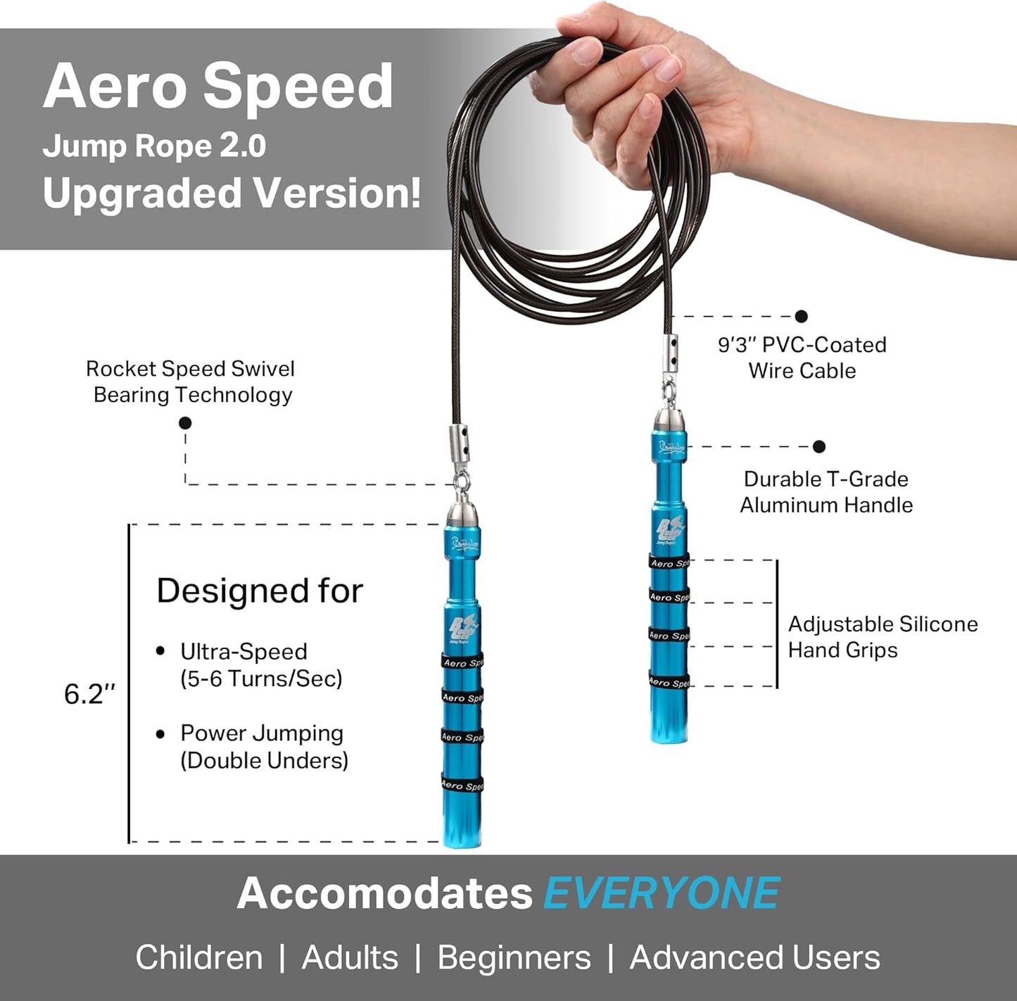 Buddy Lee Aero Speed Jump Rope 2.0 Upgraded Version with Sonic Rocket Speed Swivel Bearing | Tangle-Free & Adjustable Jump Rope for Men & Women - For Fitness, Double-Unders, and Cross-Training