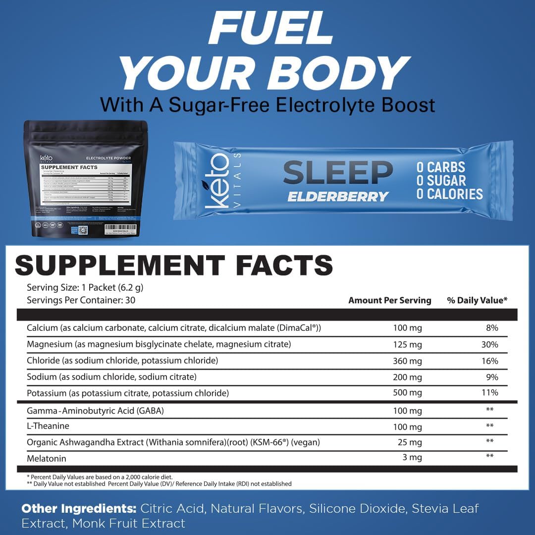 Keto Vitals Sleep Drink Electrolyte Sleep Powder Packets - Fast-Acting Sleep Blend of Melatonin 3mg, GABA, L-Theanine, & Ashwagandha - Elderberry, 30 Count