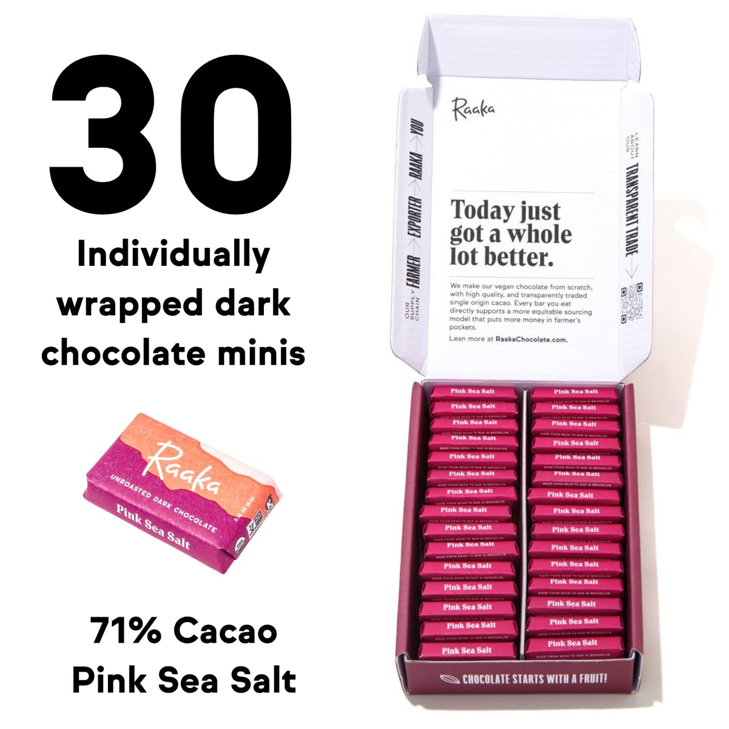 Raaka Pink Sea Salt Chocolate Gift Box | 71% Cacao Dark Chocolate | Organic, Vegan, Gluten Free | Box of 30 Individually Wrapped Chocolates