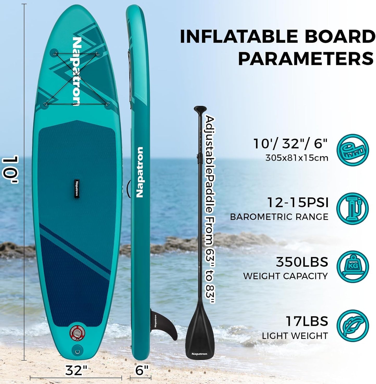 Napatron Family Inflatable Stand Up Paddle Board, Sup,Stable Wide Design,350LBS Capacity,Complete Paddle Board Package with Fast Action Pump,Leash,Ideal for Beginners/Youth & AllSkill Levels