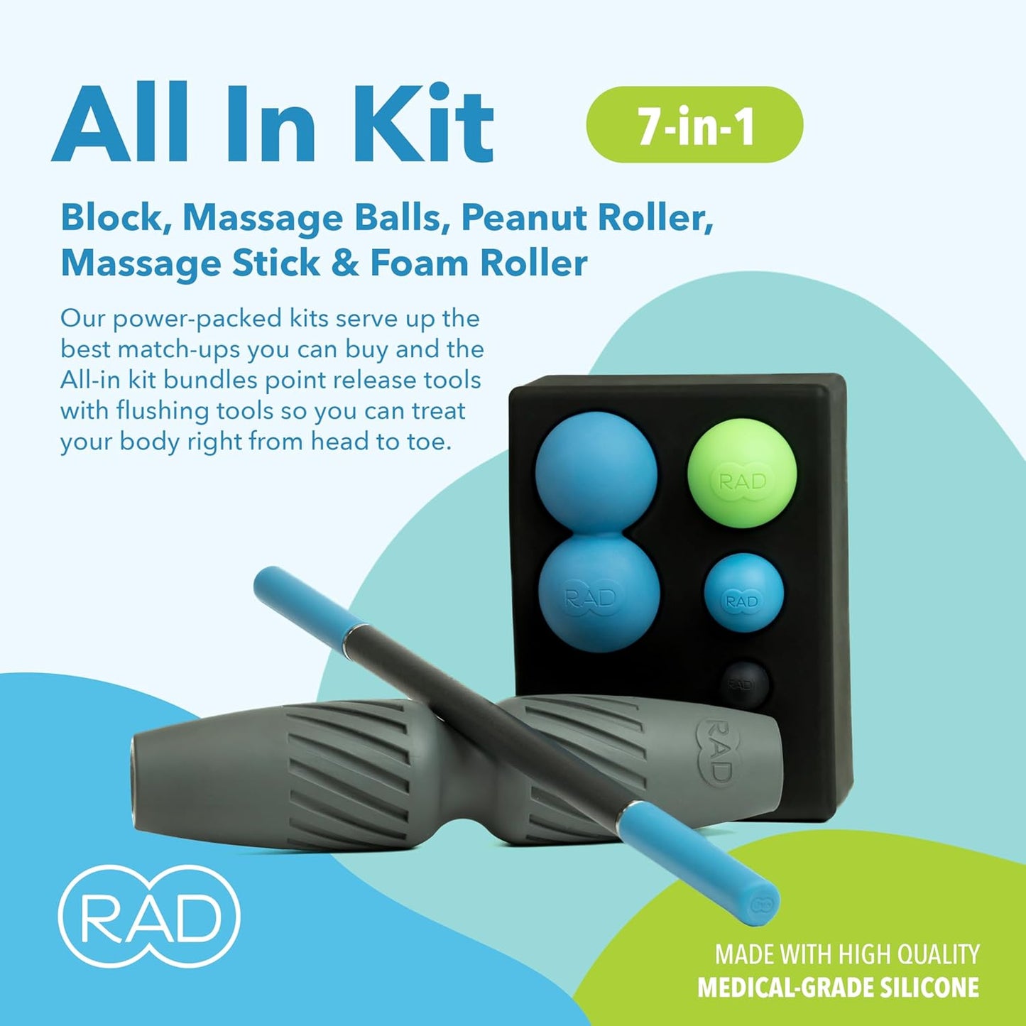 RAD All-in Kit – 7-in-1 Foam Roller Set for Myofascial Release – Includes Massage Roller Stick, Yoga Block, Massage Balls - Muscle Recovery Tools for Mobility & Flexibility