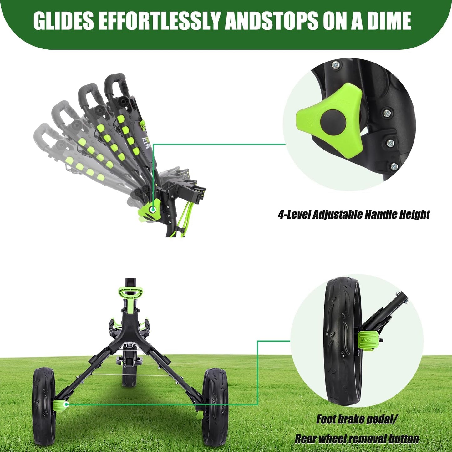 Golf Push Cart Series: 2-Wheel, 3-Wheel, 4-Wheel & 360° Swivel Front Wheel