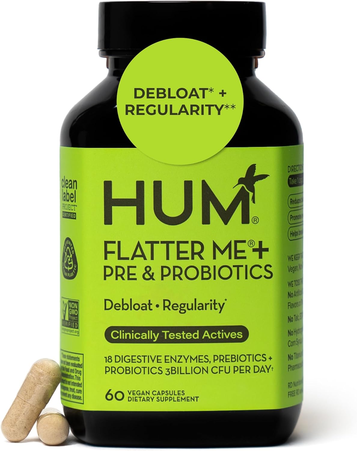 HUM Flatter Me Digestive Enzymes with Probiotics & Prebiotics - Fast-Acting Bloat Relief, Digestive Health and Regularity, Vegan Formula 60 Servings