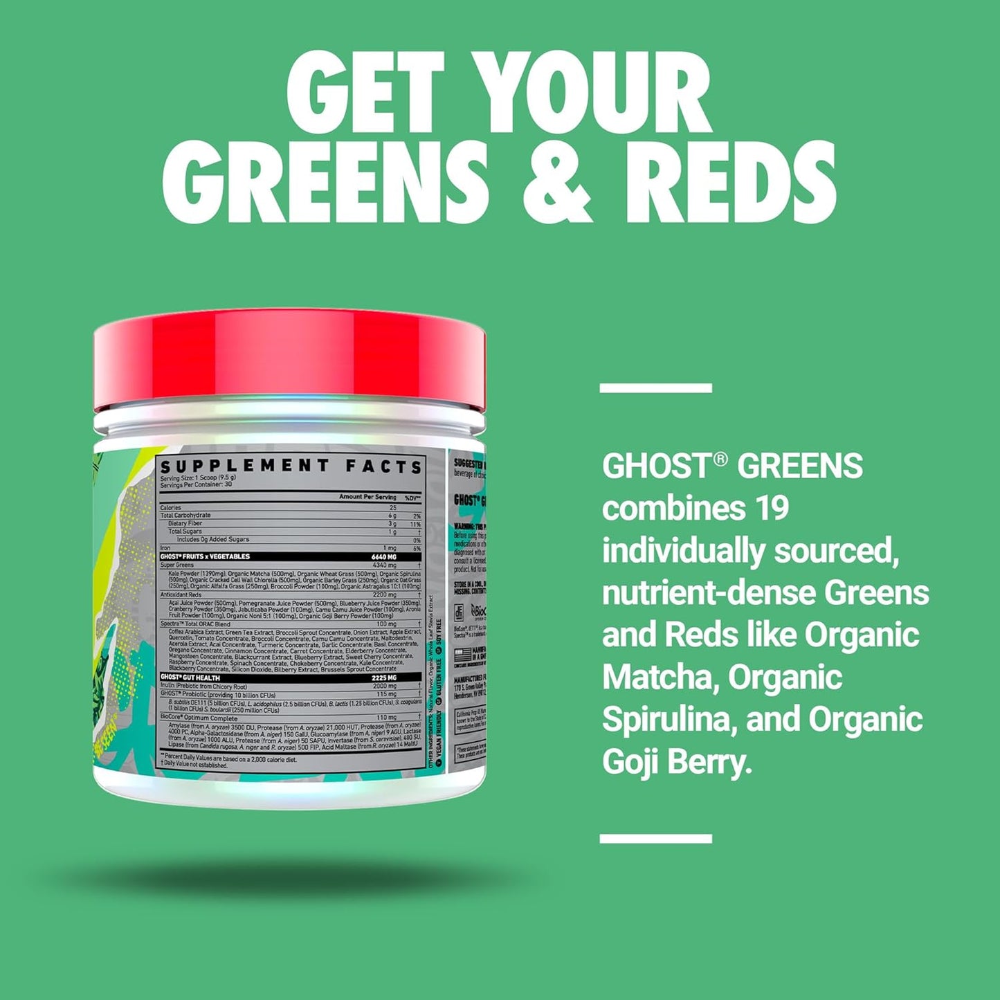 GHOST Greens Powder, Original - 30 Servings - 19 Superfood Greens & Reds Powder, Fruits, Vegetables, Spirulina, & Chlorella, Prebiotics, 10 Billion CFU Probiotic & Digestive Enzymes - Gluten-Free
