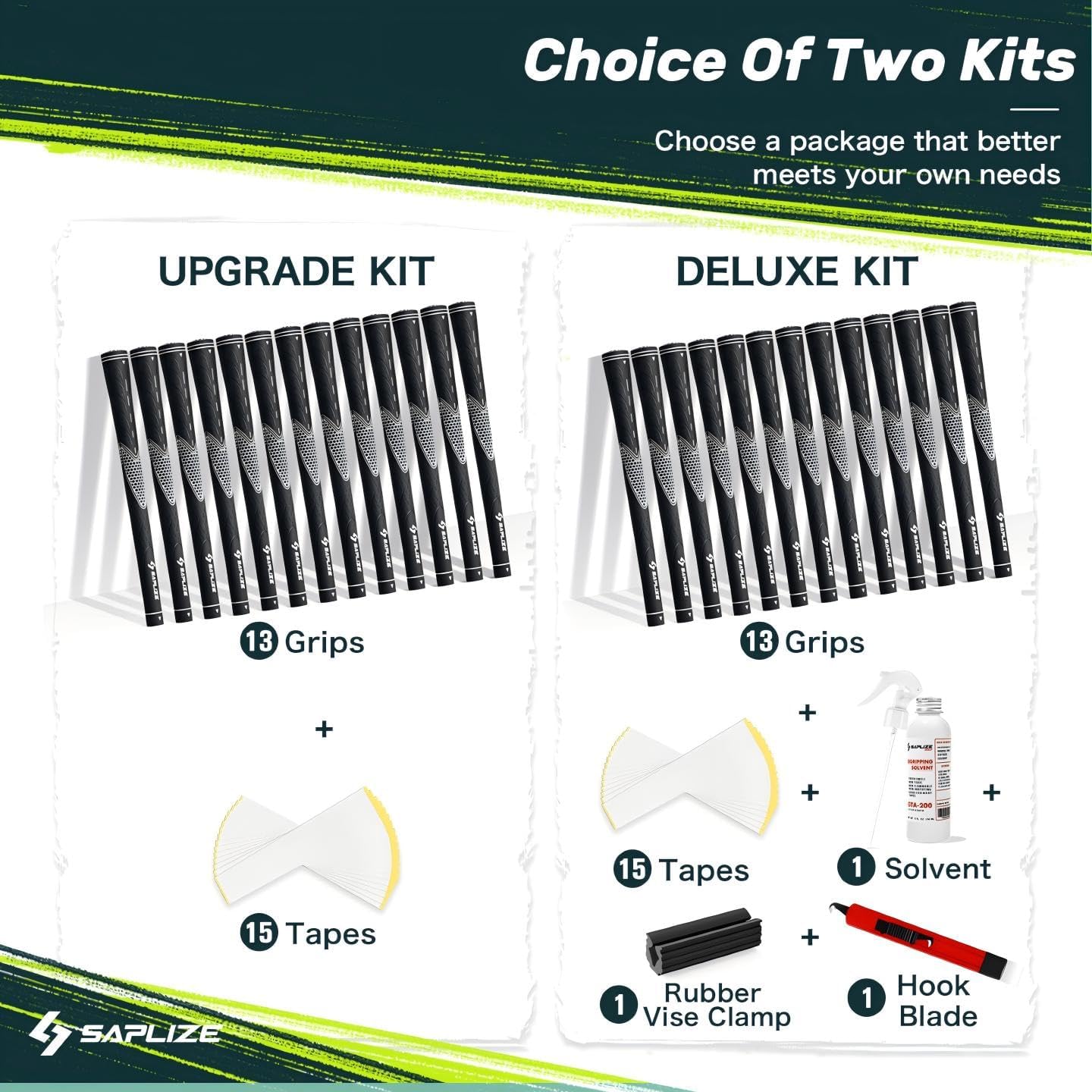 SAPLIZE Golf Grips Set of 13, Bundle with Tape or Full Regripping Kit, Jumbo / Mid / Standard / Undersize, Women / Men Anti-slip Rubber Golf Club Grips, CC01 Series