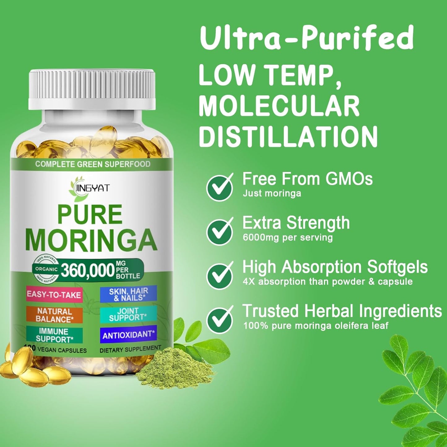Moringa Softgels, Organic Pure Moringa Oleifera Leaves Extract for Energy, Skin, Gut Health, Immune, Natural Antioxidant, High Potency Moringa Oil Than Moringa Powder, Non-GMO, 60 Serving
