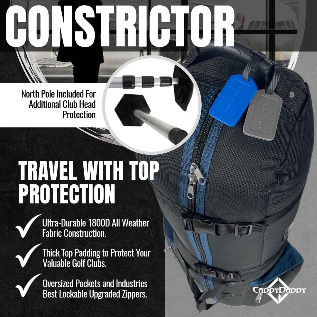 CaddyDaddy Constrictor Soft-Sided Golf Travel Bag Cover with Thick Dense Foam Padded Top 1 Year Full Travel Bag Replacement Coverage | Wheels & Lockable Zippers Case for Transporting Clubs on Airlines