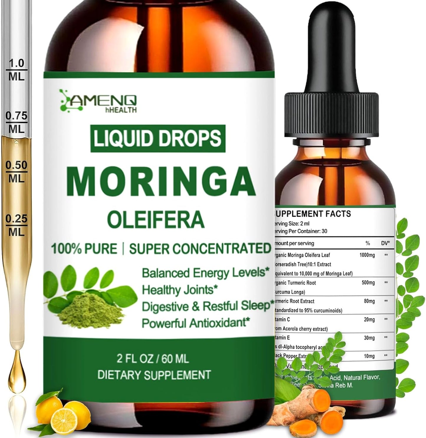 Pure Moringa Oleifera Liquid Drops, Organic Moringa Leaf Extract w. Turmeric, Black Pepper, Moringa Supplement for Energy Metabolism Immune Skin Joint & Gut, 6X Stronger Than Moringa Capsules Powder