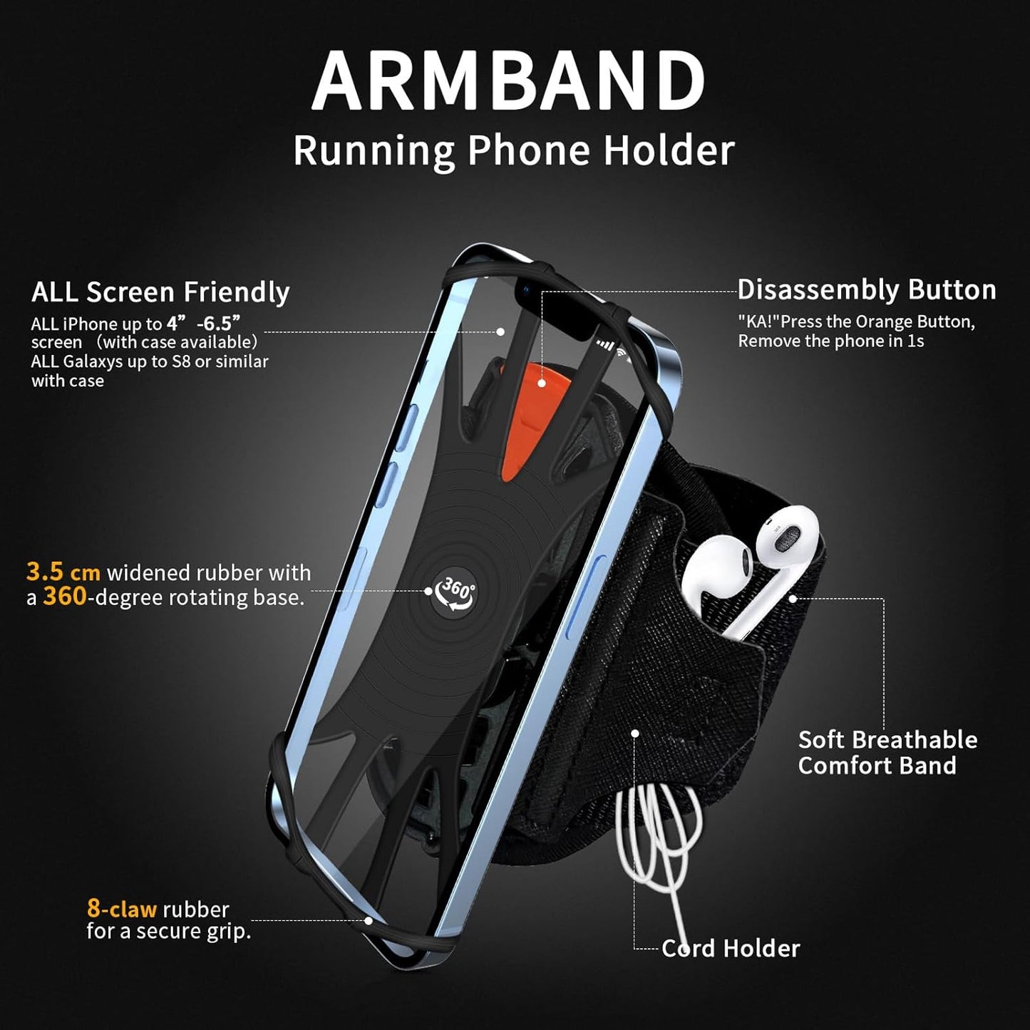 Wristband Phone Holder for Running,Phone Wrist Strap 360° Rotation & Detachable - Compatible with iPhone 16/15/13/XR, for Samsung and More - Fits 4''-6.5'' Phones - for Walking(S)