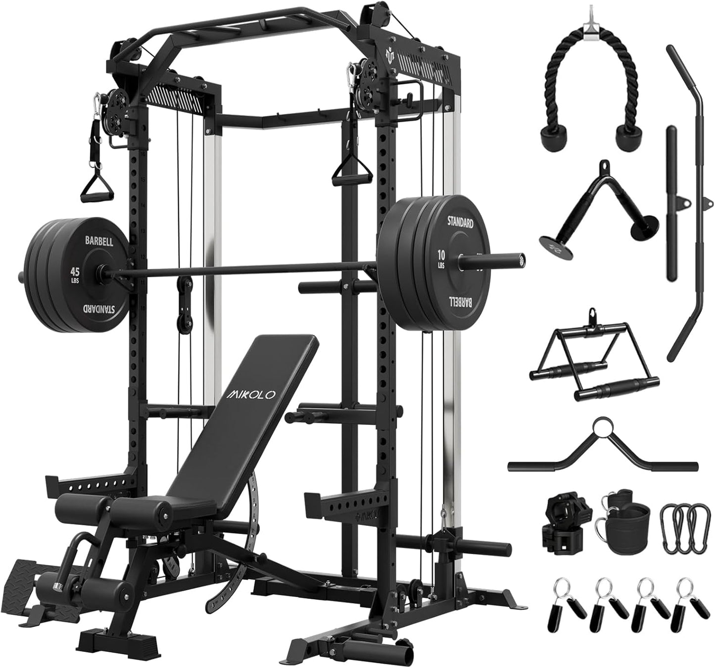 Mikolo Power Cage, 2000LB Power Rack with Independent Dual Pulley System, Multi-Function Home Gym Workout Machine for Cable Crossover
