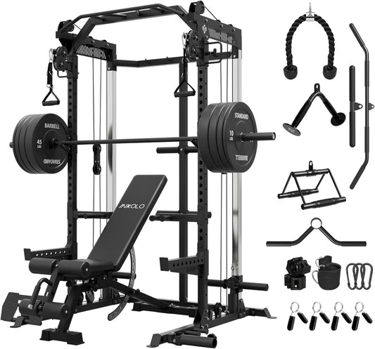 Mikolo Power Cage, 2000LB Power Rack with Independent Dual Pulley System, Multi-Function Home Gym Workout Machine for Cable Crossover