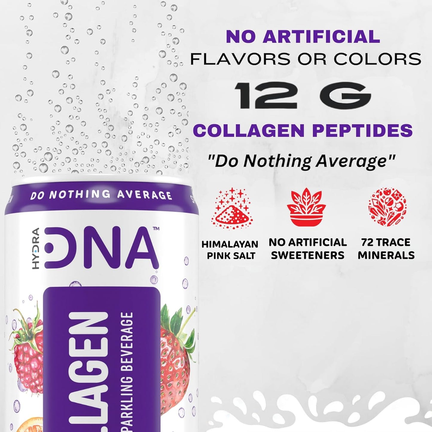 HYDRADNA- Sparkling Liquid Collagen Protein Water Drink Balanced Nutrients for Wellness - Sugar-Free - Keto-Friendly - No Gluten (12 Pack) Berry Punch