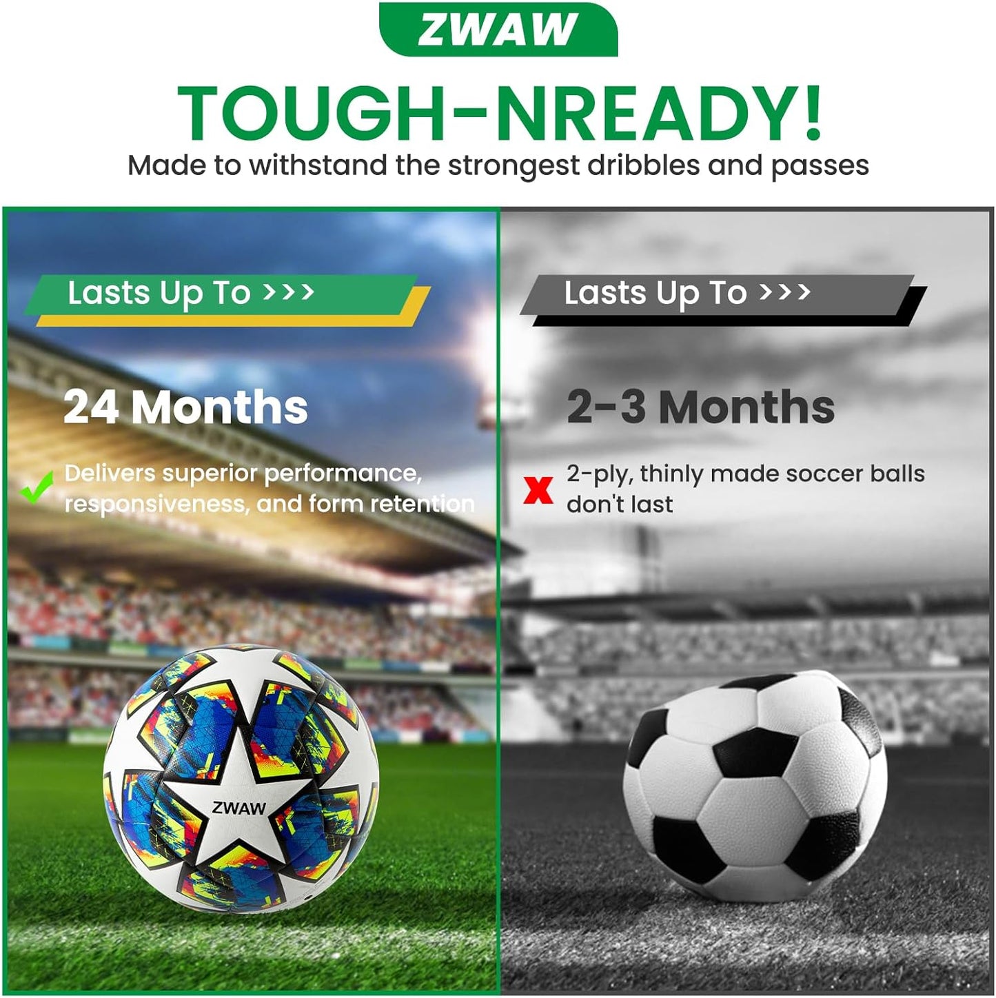 Size 5 Soccer Ball, Waterproof PU Leather, Official Match Ball, with Pump & Needles