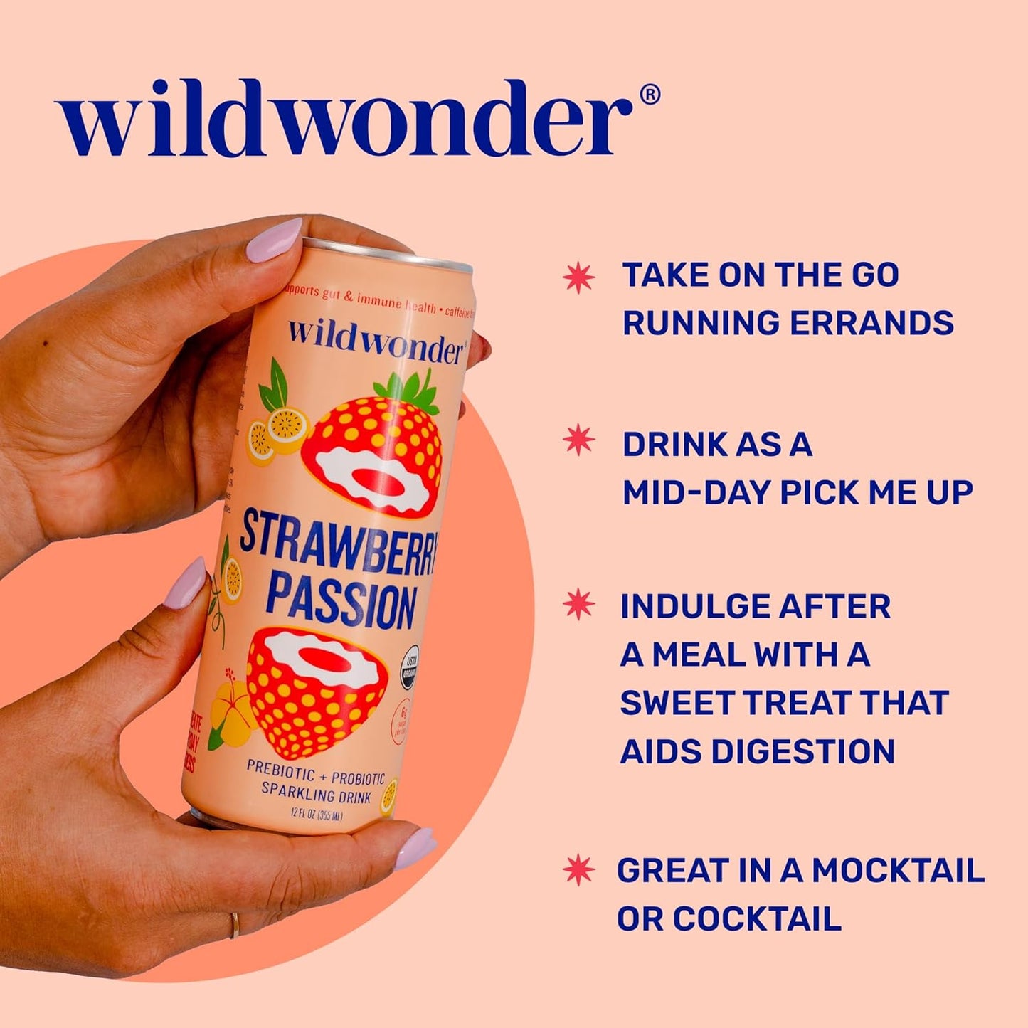 wildwonder Sparkling Probiotic Drink 12pk, For Gut Health & Immune Support, Strawberry Passion, 5g Prebiotic Fiber, Live Probiotics, Organic, Vegan, Low Sugar, 12 Pack, 12oz Can, As Seen on Shark Tank