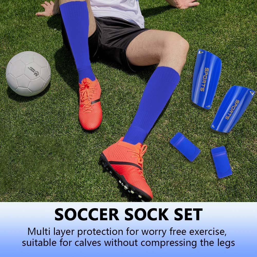 3 Pairs Mens Grip Soccer Socks, 3 Pairs Shin Sleeves with 1 Pack Shin Guards and 4 Shin Straps, Soccer Football Game Set 11 Pcs