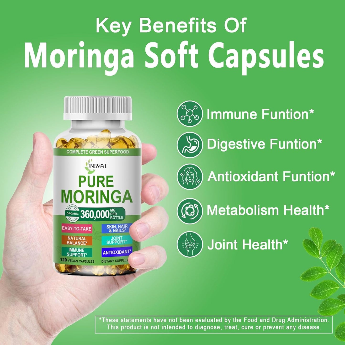 Moringa Softgels, Organic Pure Moringa Oleifera Leaves Extract for Energy, Skin, Gut Health, Immune, Natural Antioxidant, High Potency Moringa Oil Than Moringa Powder, Non-GMO, 60 Serving