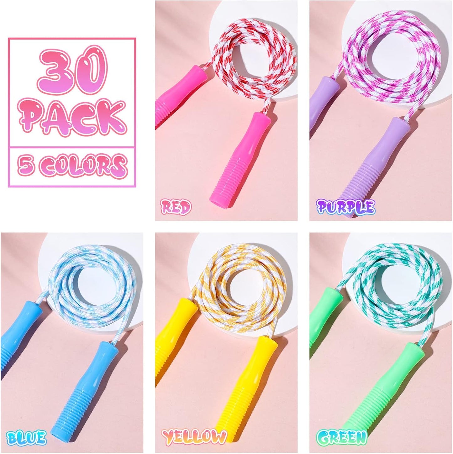 30 Pack Jump Rope for Kids Stripe Ropes with Plastic Handles 8.2 Feet Nylon Jumping Rope Adjustable Weighted Braided Fitness Skipping Rope for Outdoor Exercise Sport Party Equipment, Assorted Colors