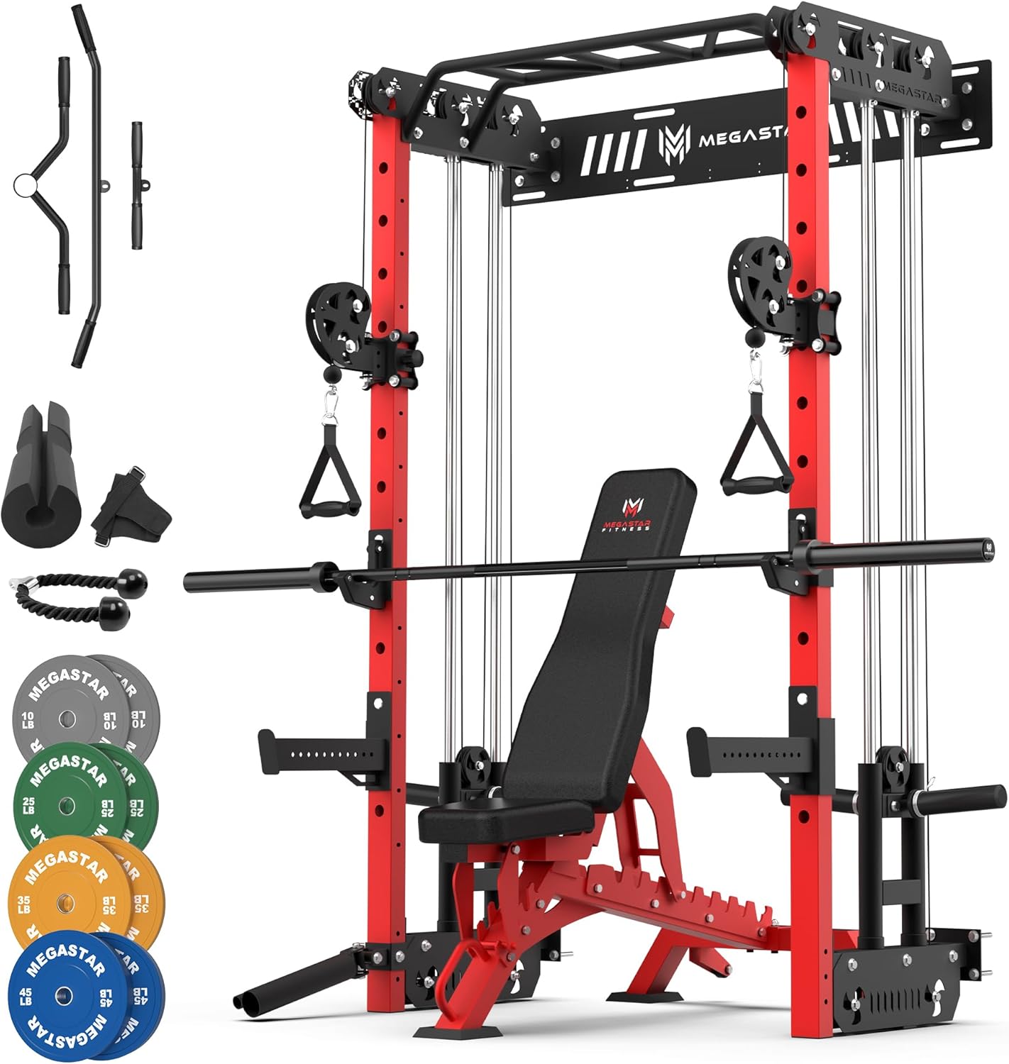 Wall Mounted Power Rack – 1600LB Capacity Compact Commercial Home Gym with Dual Cable Crossover, LAT Pulldown, Multi-Grip Pull-Up Bar & Landmine Attachment for Small Spaces, P67 Striker Red
