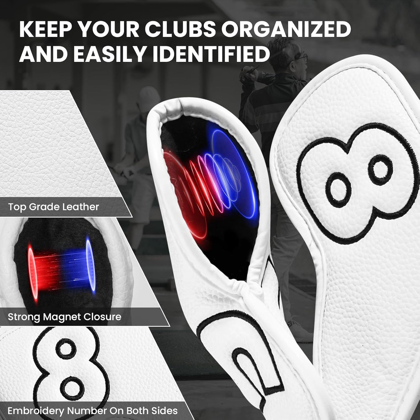 Golf Iron Covers Set Strong Magnetic Closure Value 10 Pack, Double Side Number Synthetic Leather Deluxe Club Headcover, Universal Head Cover Fit Main Irons Clubs for Women Men