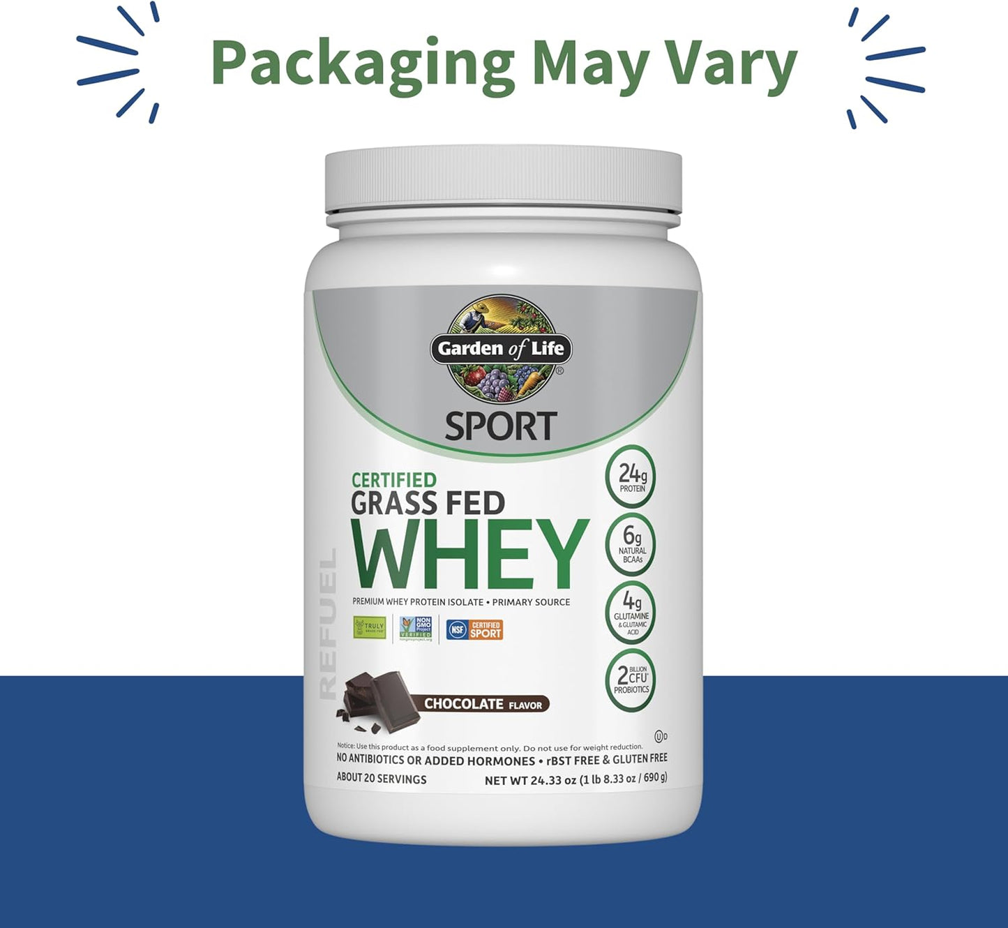 Garden of Life Sport Whey Protein Powder Chocolate, Premium Grass Fed Whey Protein Isolate Plus Probiotics for Immune System Health, 24g Protein, Non GMO, Gluten Free, Cold Processed - 20 Servings
