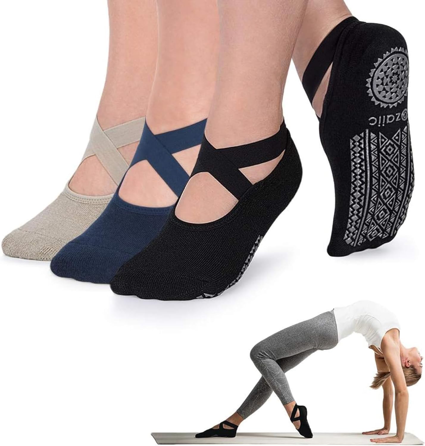 Ozaiic Yoga Socks for Women Non-Slip Grips & Straps, Ideal for Pilates, Pure Barre, Ballet, Dance, Barefoot Workout