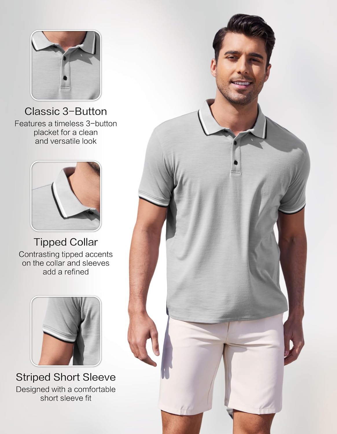 Merino Wool Polo Shirts for Men for Work Sport, Lightweight Breathable Moisture Wicking Mens Polo Shirt Short Sleeve