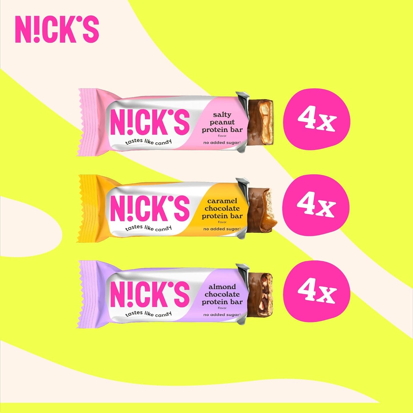 Nick's Protein Bars Chocolate Variety Pack High Protein, Low Calories, Low Carb Keto Friendly Snacks No Added Sugar, Salty Peanut, Chocolate Caramel and Almond Chocolate (12 Pack)