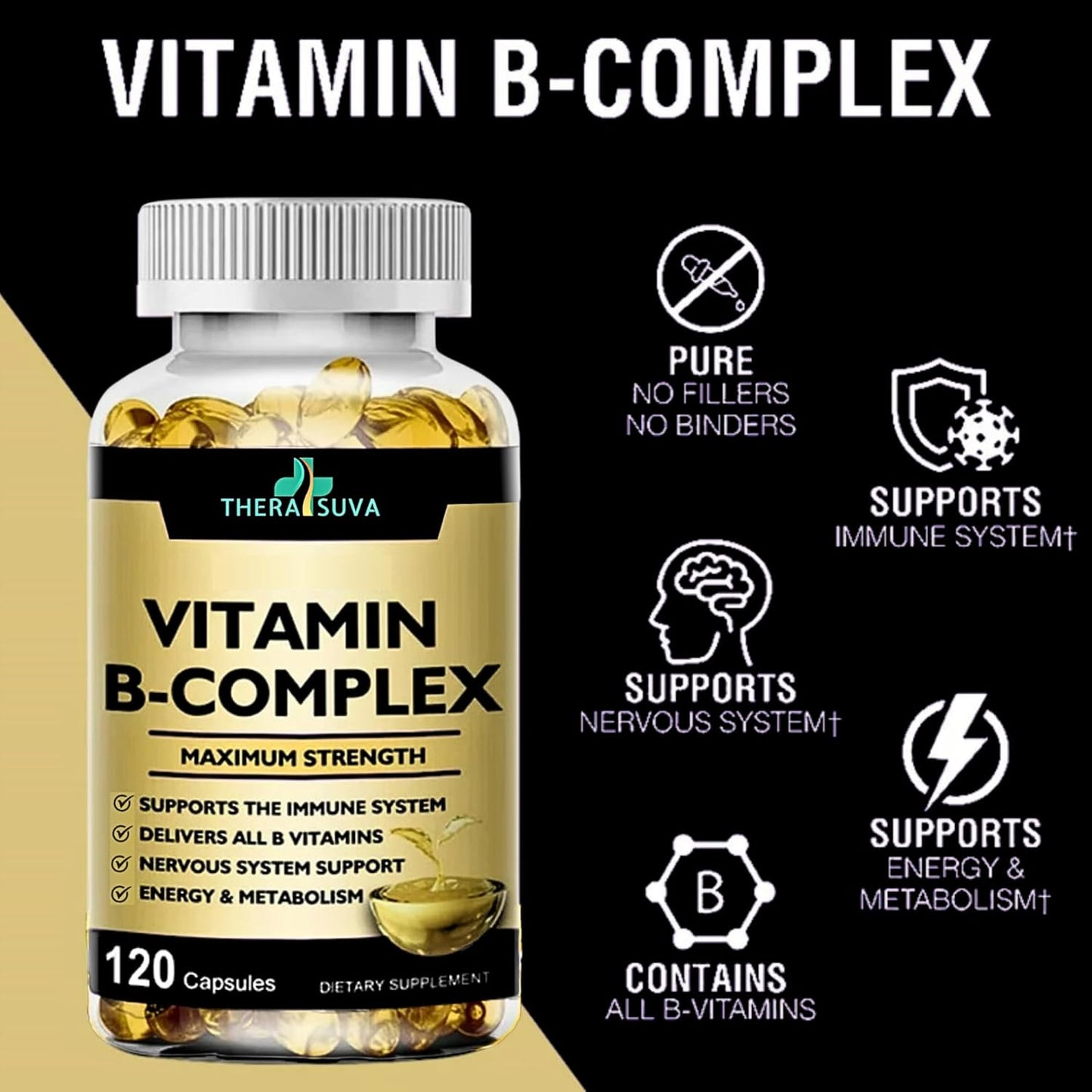 Vitamin B-Complex + CoQ10 + Vitamin C - Max Strength Supplement for Energy, Metabolism Support, 120 Softgels, 60 Day Supply