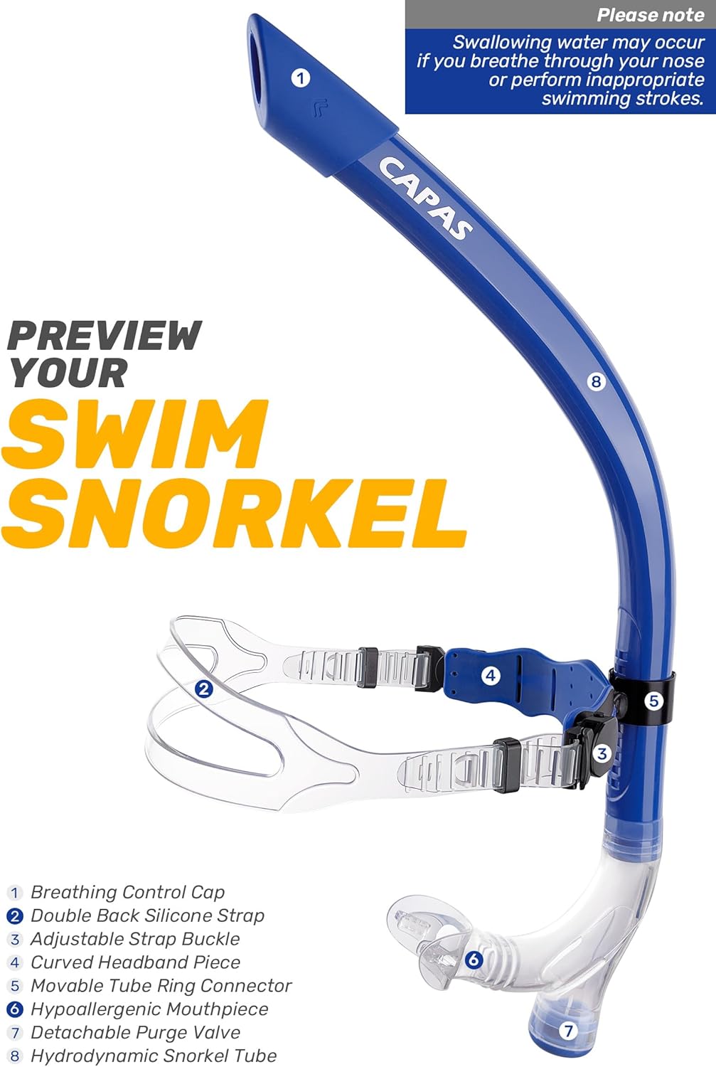 CAPAS Training Swim Snorkel for Lap Swimming, Swivel Headband Ultimate Fit Center-Mount Swimmers Snorkel with Liquid Silicone Mouthpiece Adjustable Strap, Designed for Adult Men Women