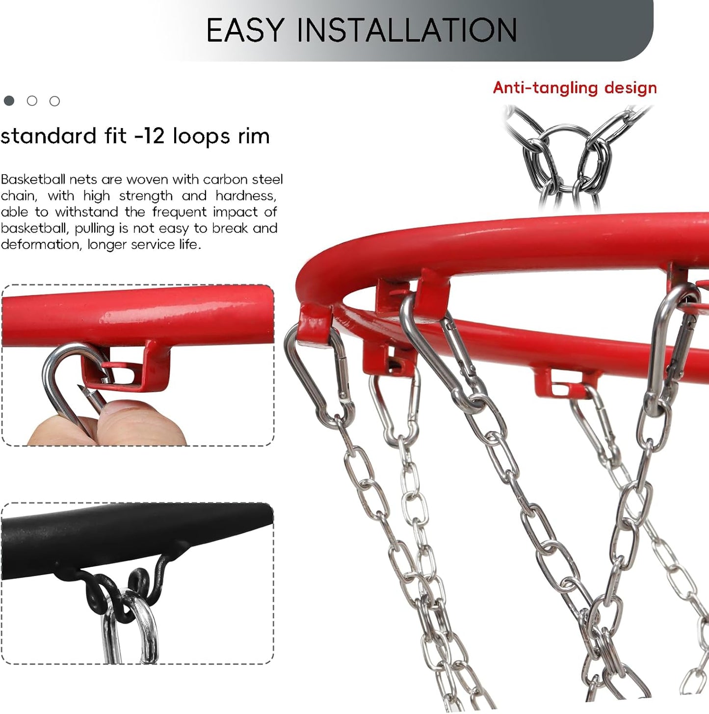 Basketball Net, Stainless Steel Braided Chain Heavy Duty, Standard Basketball Net (12 Links), Quick Installation. Suitable for Indoor and Outdoor Climates
