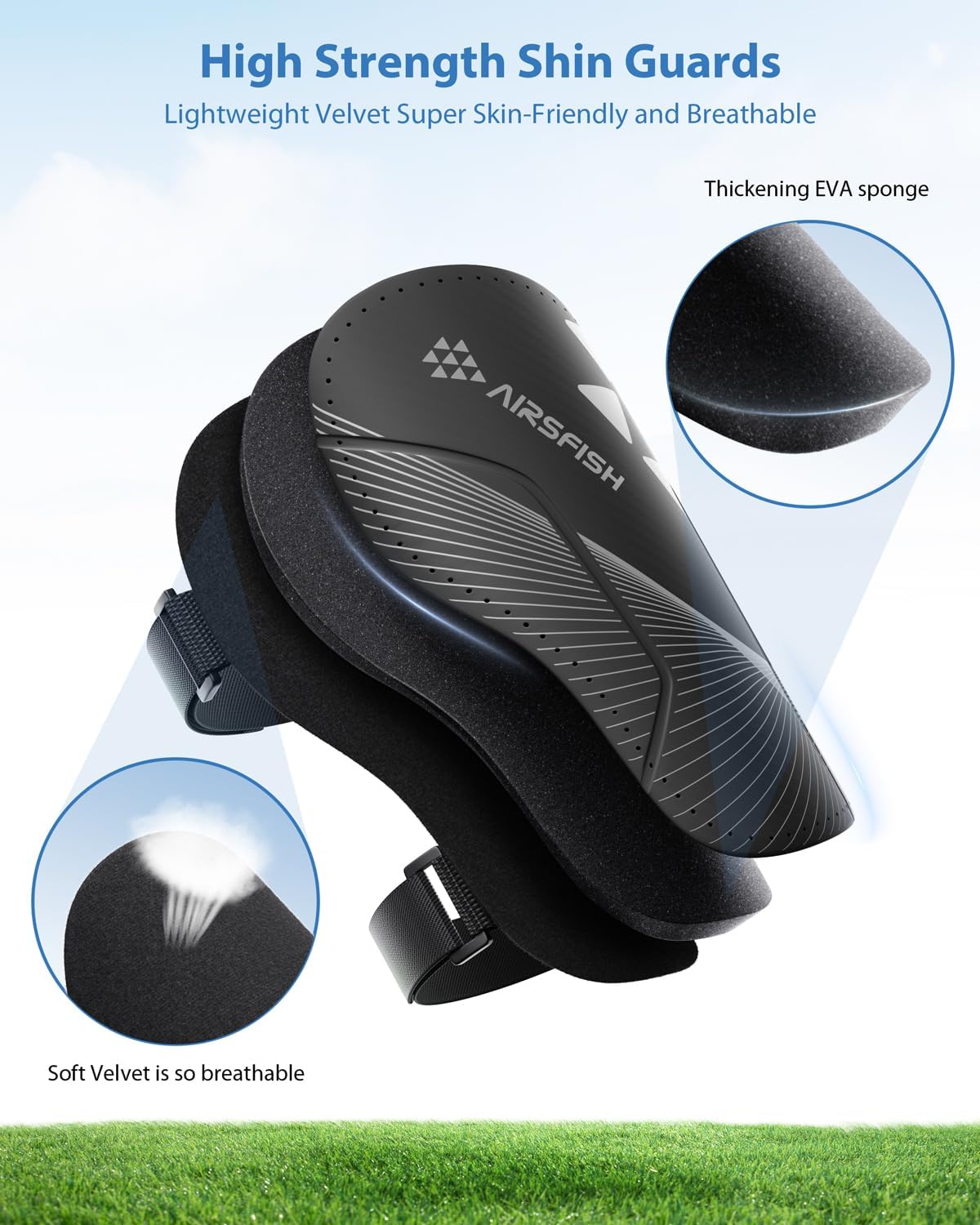 Shin Guards Soccer Kids Youth, CE Certified Airsfish Shin Guard Protection Gear for 2-18 Years Old Boys Girls Teenagers High Impact Resistant Breathable Comfortable 1 Pair 4 Sizes