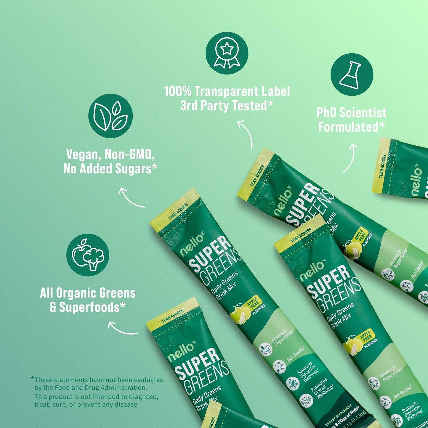 Supergreens Superfood Drink Mix with Chlorella, Moringa, Spinach, Broccoli, Digestive Enzymes, and Probiotics – Apple Pear Flavor, 20 Servings, Travel Pack