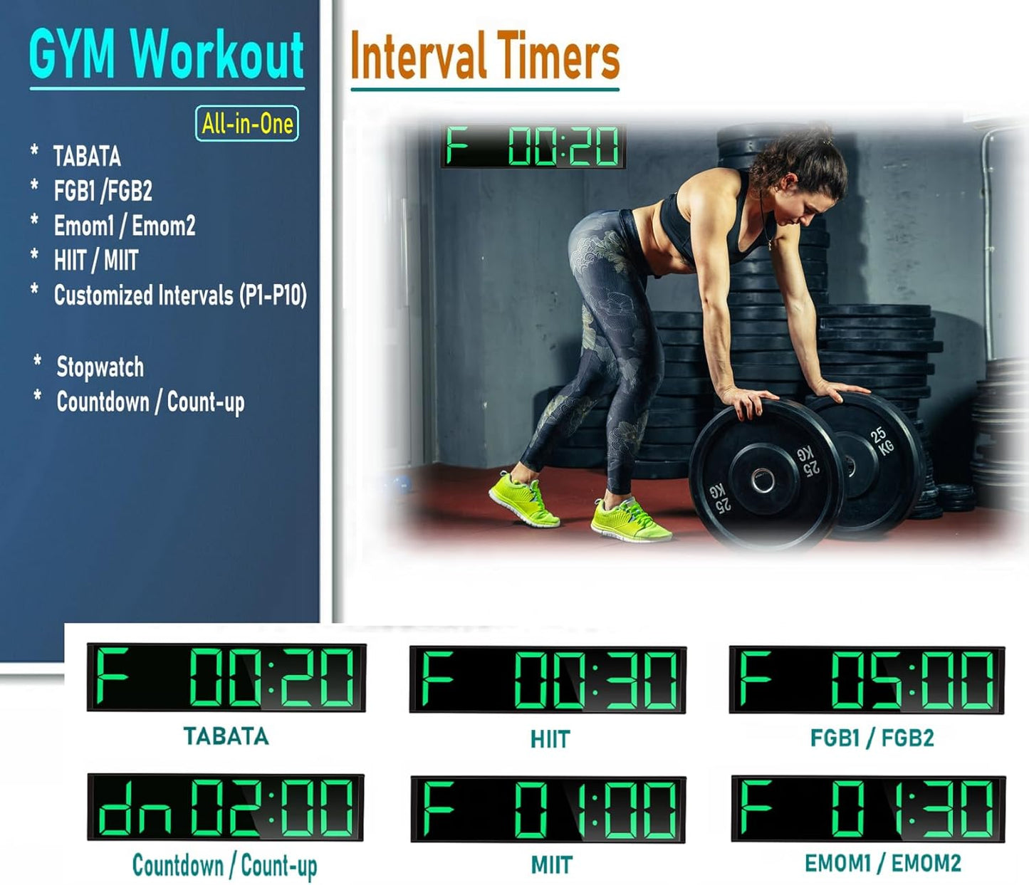 26'' Extra Large Home Gym Timer Clock, Programable Workout Interval Timer, Digital Wall Clock, with 7-Color Night Light, 8 Alarm Clocks, Calendar/Temperature, Countdown & Stopwatch (Green)