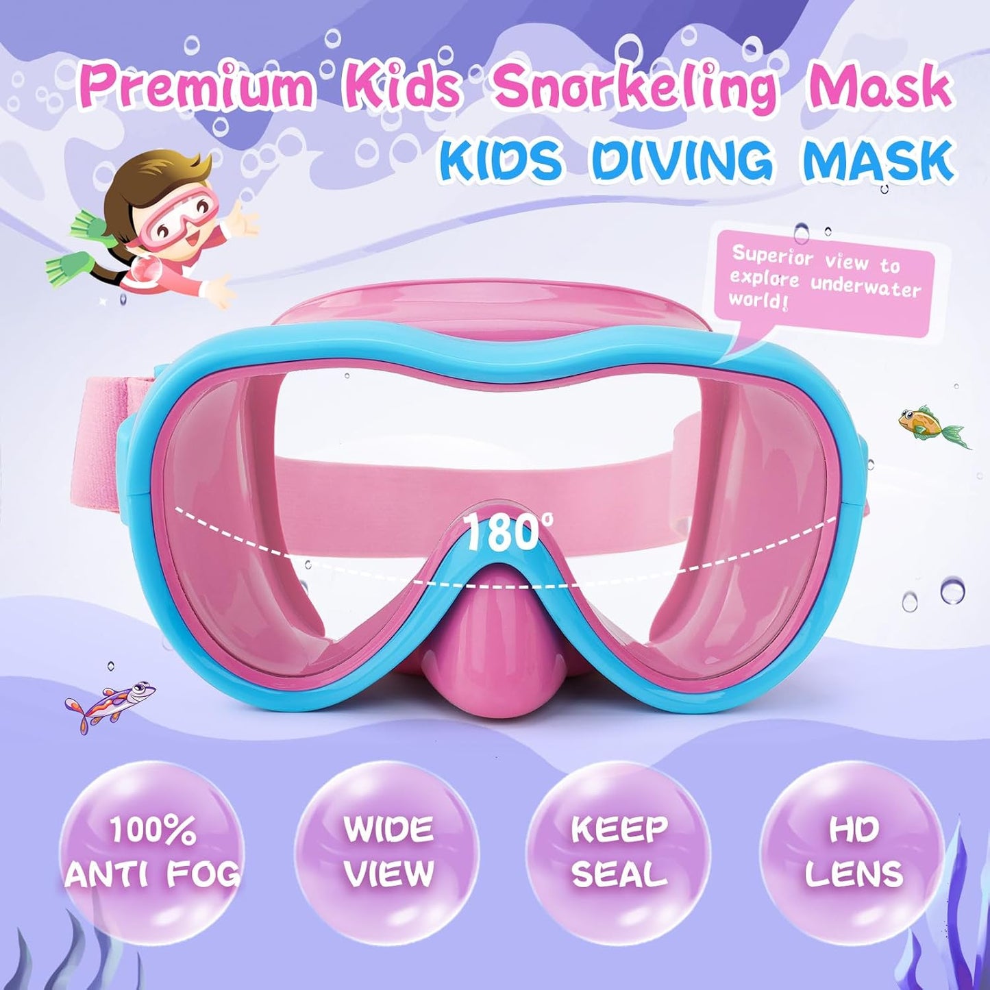 Kids Swim Goggles 180° Snorkel Diving Mask with Nose Cover, Anti-Fog Kids Swimming Goggles with Elastic Fabric Strap for Kids Boys Girls