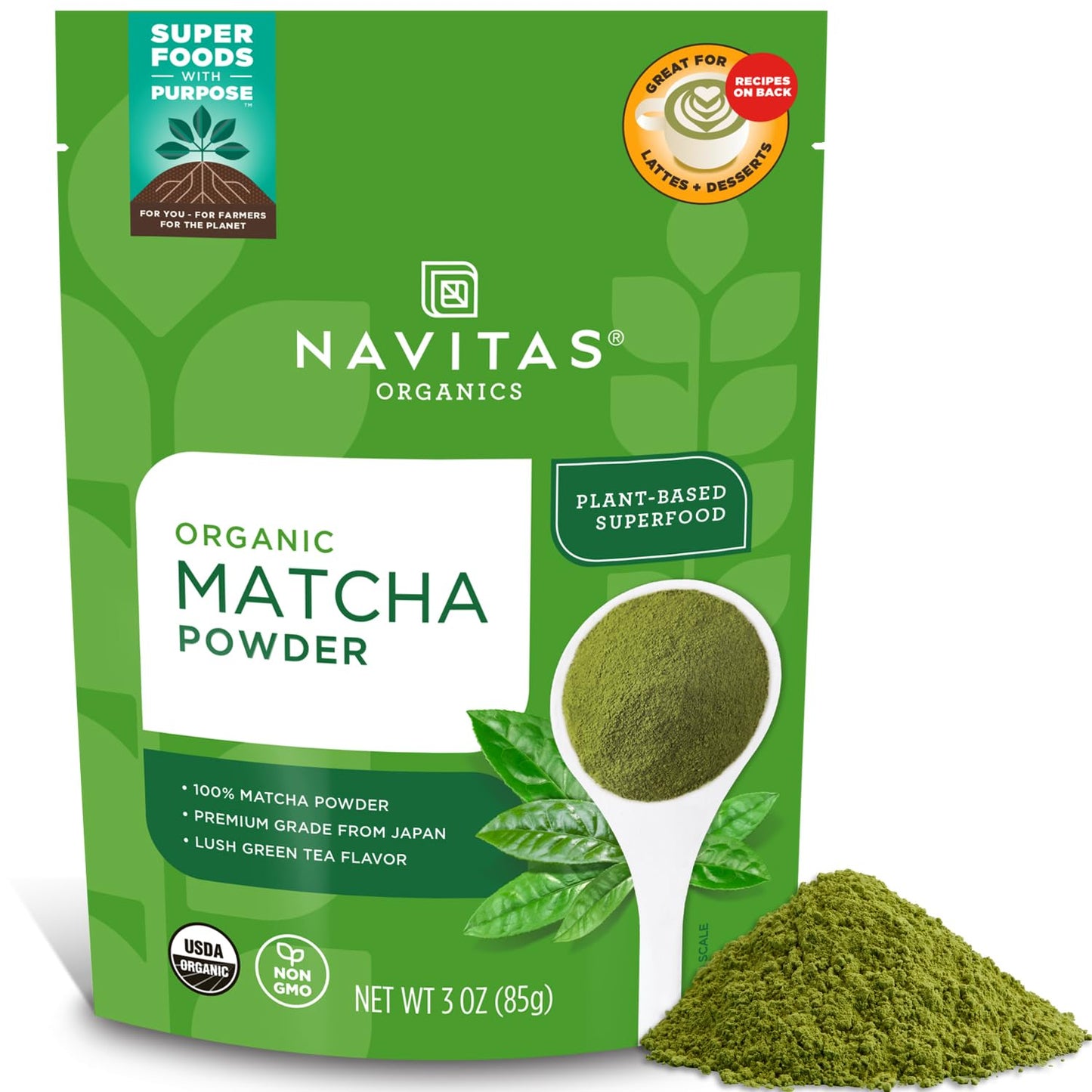 Navitas Organics Matcha Powder – For Tea, Lattes, Smoothies, Desserts & More – Energy & Antioxidants – Premium Culinary Grade – USDA Organic, Non GMO, Gluten Free, Kosher, Vegan (3oz. Bag 85 Servings)
