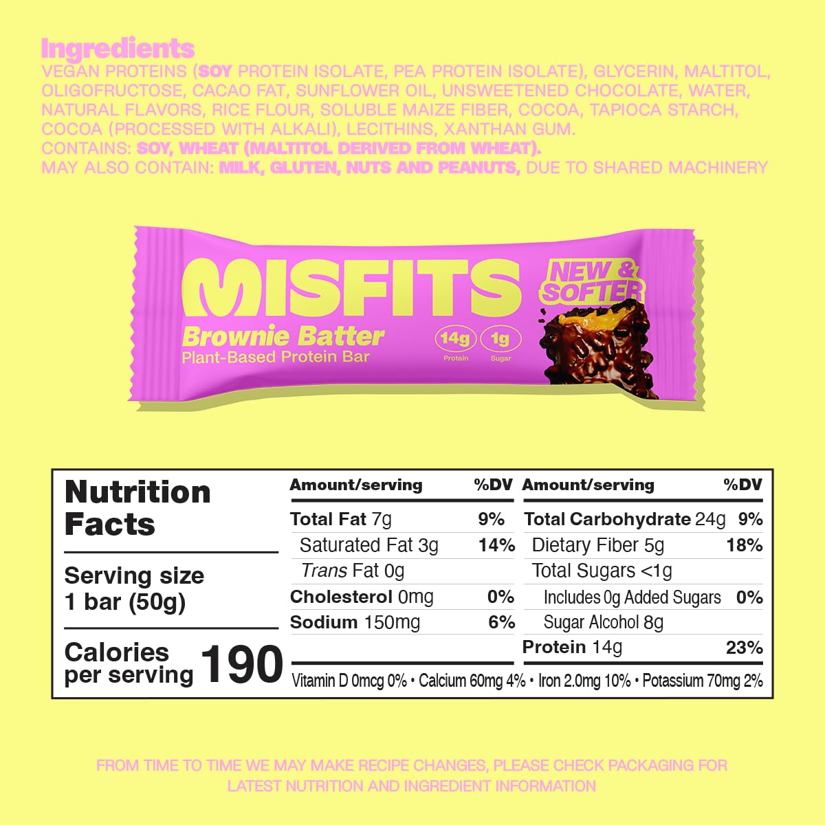 Misfits Vegan Protein Bars, Brownie Batter - Updated Recipe | Plant Based, Low Sugar & Carb, High Fiber Snacks | Pack of 15