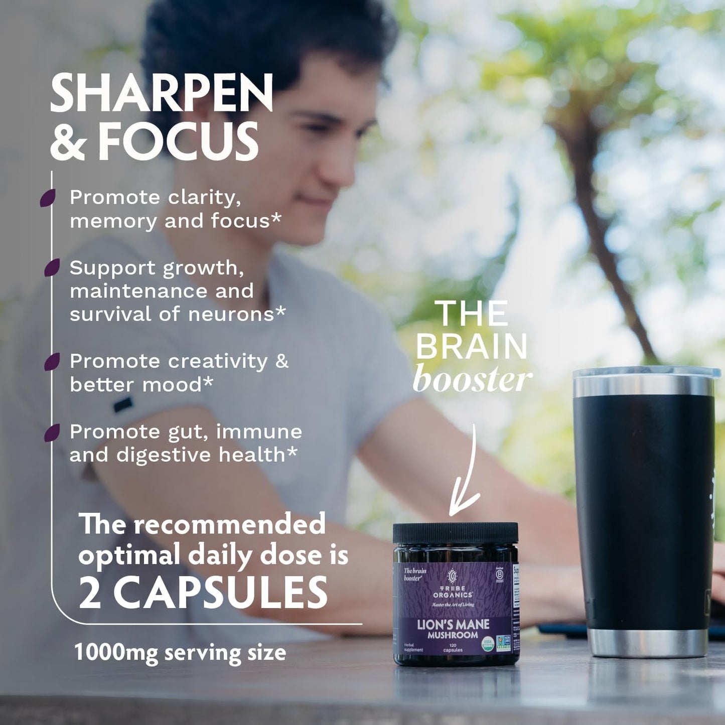 TRIBE ORGANICS Lion’s Mane Supplement 1000mg Mushroom Extract Powder - Immune System Booster & Brain Nootropic for Focus and Memory | Mental Clarity | Natural Energy and Immunity - 120 Vegan Capsules