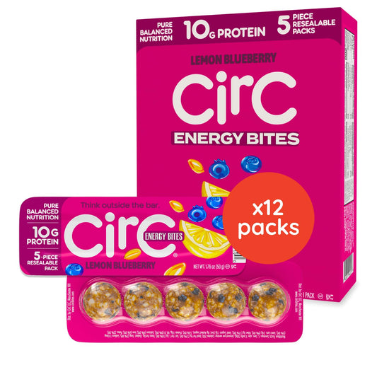 CirC Energy Bites - 12 Pack Lemon Blueberry Gluten Free Protein Balls - 10g Protein, Whole Grains, Nuts & Fruit - Portable Healthy Snacks for Adults & Kids, 5 Piece Resealable Packs