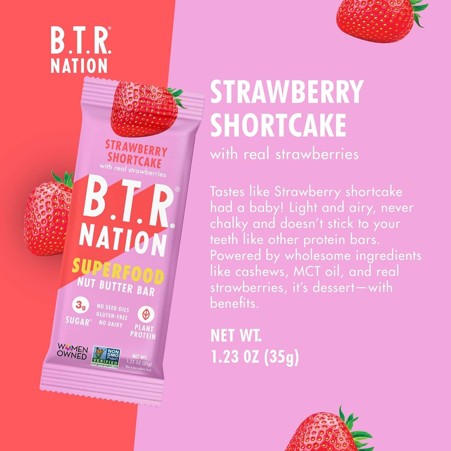 B.T.R. Nation Vegan Superfood Protein Bars - Strawberry Shortcake VITALITY | 12 Bars | Keto, Plant Based, and Gluten Free Low Carb, Sugar Alcohol Free, & Boosted with Powerful Superfood!