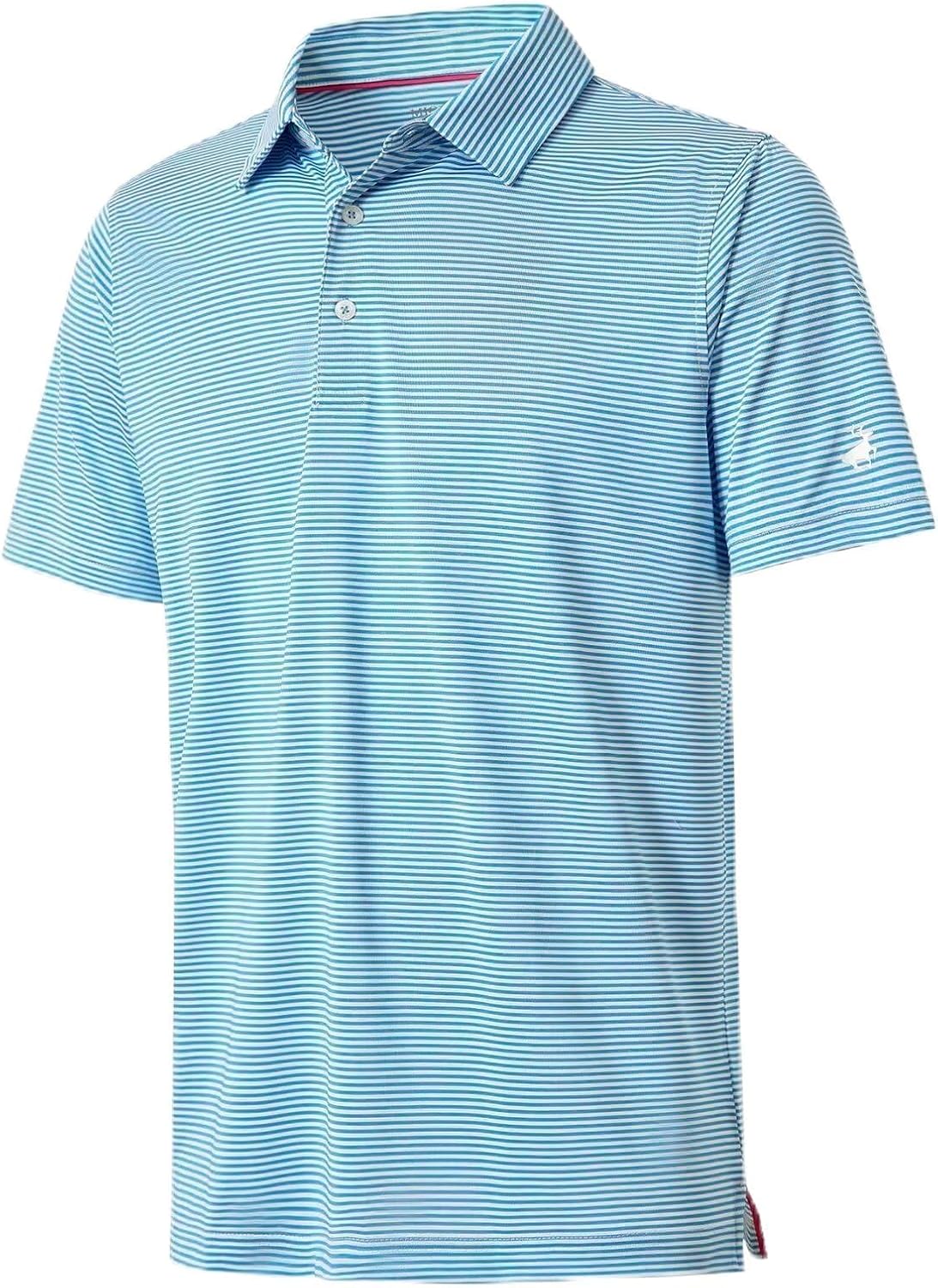 Mens Golf Shirt Moisture Wicking Dry Fit Performance Sport Short Sleeve Striped Golf Polo Shirts for Men