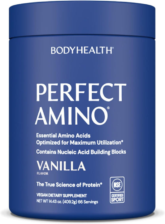BodyHealth PerfectAmino Powder - BCAA and EAA Powder for Pre and Post Workout - Amino Acid Energy Drink to Support Lean Muscle and Recovery - NSF Certified for Sport - Vanilla - 66 Servings